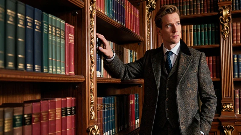 Ilustración detallada de un hombre con traje en biblioteca