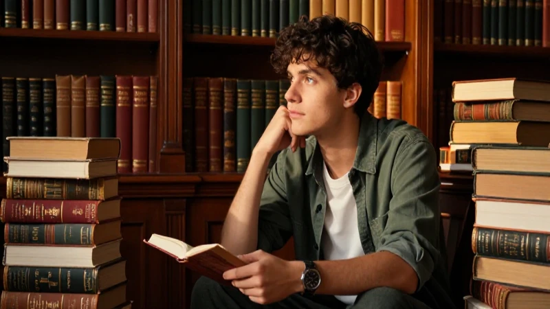 Joven erudito en biblioteca con luz dorada