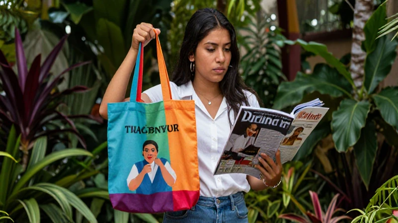 Mujer mexicana con bolsa en jardín vibrante