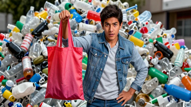 Joven mexicana frente a basura, con una bolsa reutilizable
