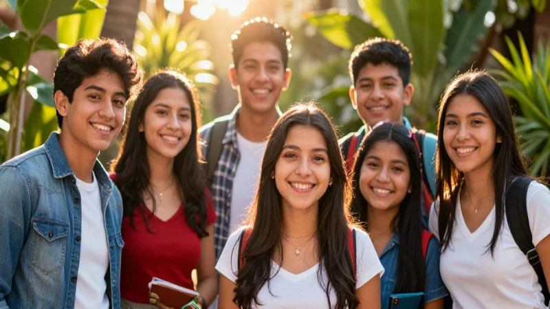 Estudiantes mexicanos felices bajo luz dorada