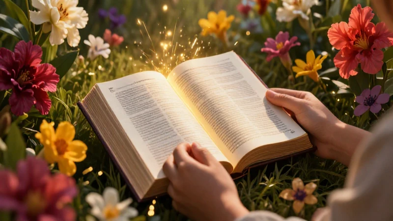 Manos sostienen Biblia brillante con flores