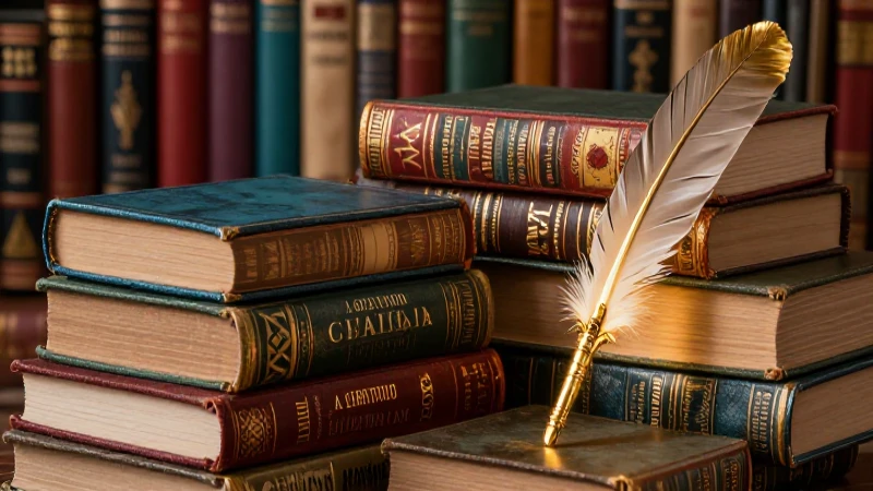Libros vintage, pluma dorada, luz dramática