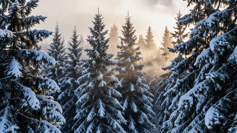 Bosques majestuosos nevados bajo luz dorada