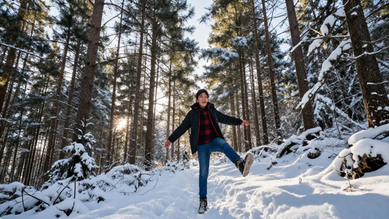 Estudiante mexicano explora bosque nevado bajo luz