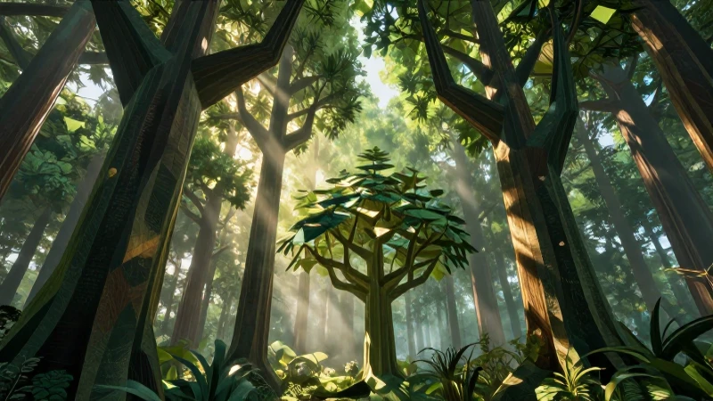 Bosques geométricos estilizados bajo la luz dorada