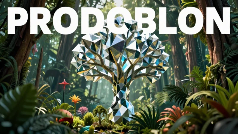 Bosque geométrico hiperrealista con árbol cristal