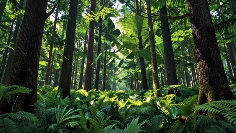 Bosque geométrico estilizado, vibrante y simétrico