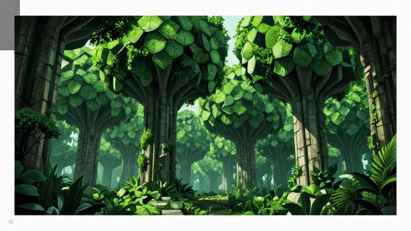 Bosque geométrico vibrante con luz dramática y detalles