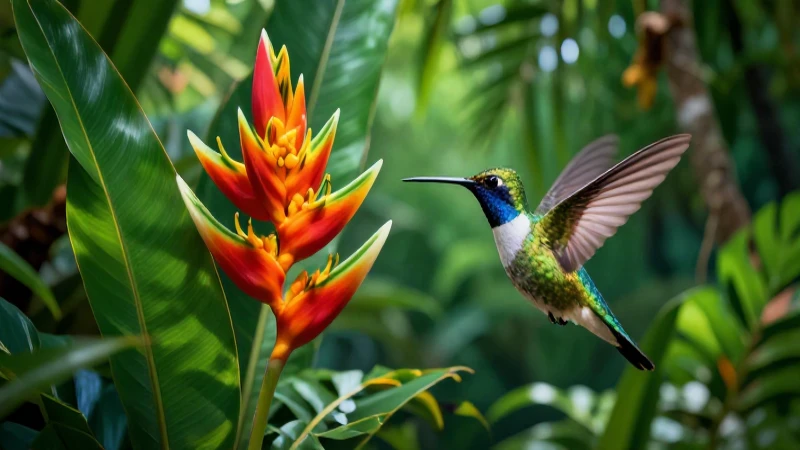 Flor tropical exótica con colibrí en selva