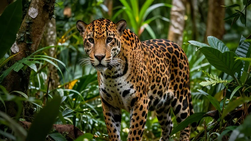 Jaguar majestuoso en selva tropical exuberante