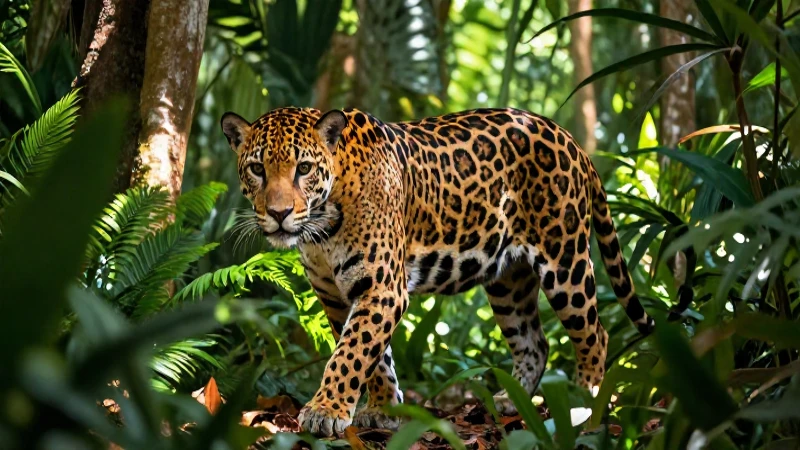 Jaguar vibrante en bosque tropical hiperrealista