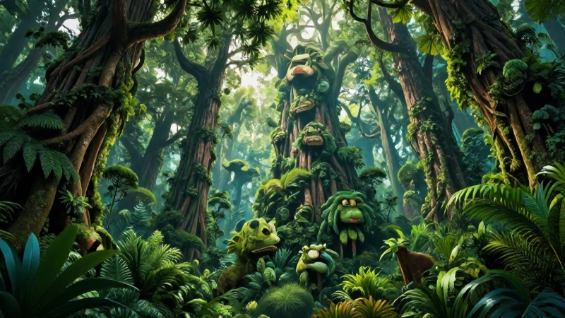 Bosque tropical vibrante con fauna majestuosa