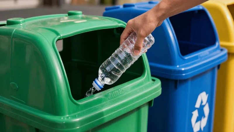 Manos limpias reciclan una botella plástica en un contenedor verde y azul