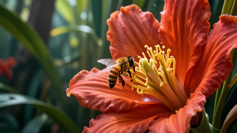 Ilustración vibrante de flor y abeja tropical