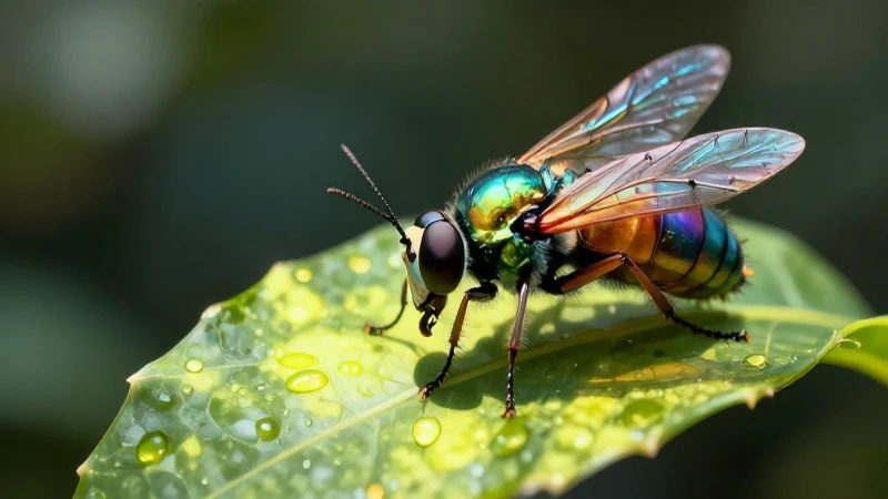 Insectos iridiscentes sobre hojas exóticas brillantes