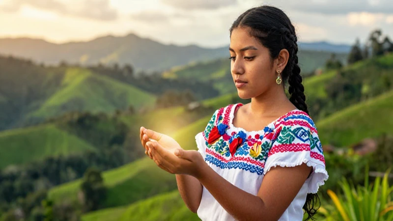 Botiquín de primeros auxilios emocionales en Guatemala 9 Mujer guatemalteca sostiene una luz radiante en un bosque