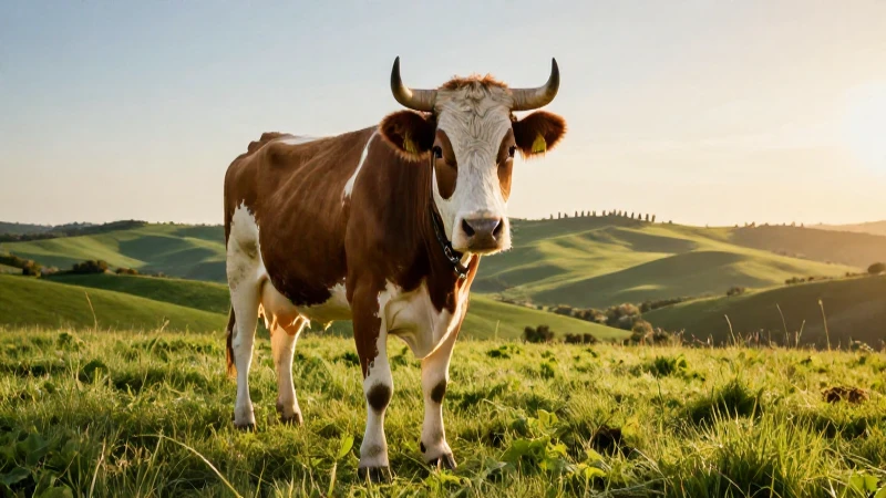Vaca italiana majestuosa en campi verdes al atardecer