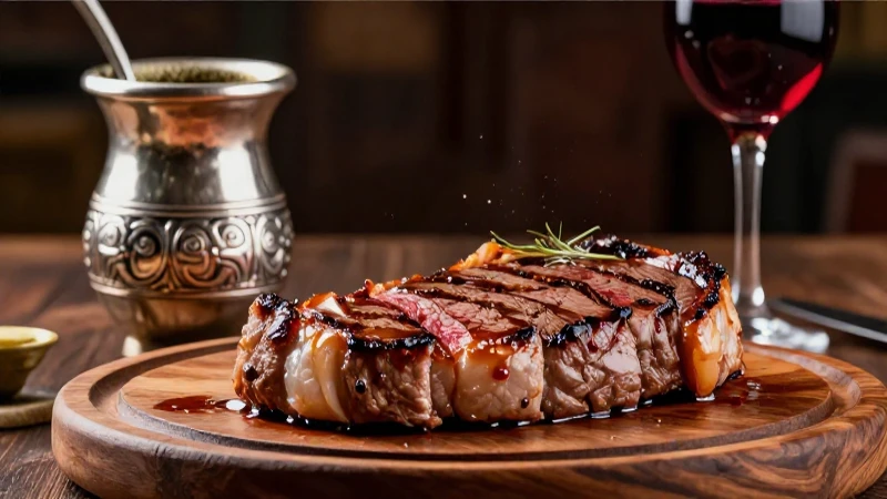 Primer plano gourmet de bife, mate y vino