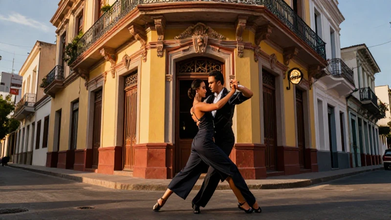 Tango dinámico en Buenos Aires, luz dorada