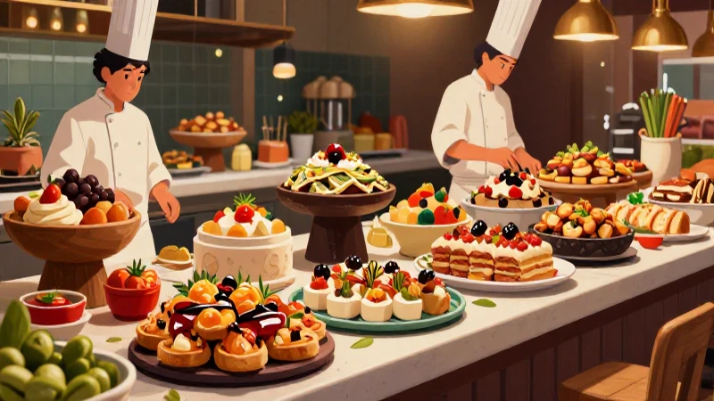 Ilustración educativa profesional de buffet gourmet vibrante