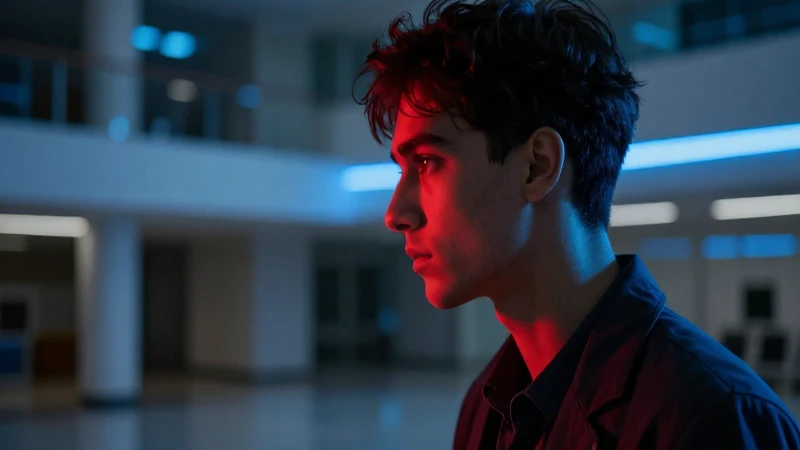 Joven intenso en perfil, luz dramática, neón dinámico