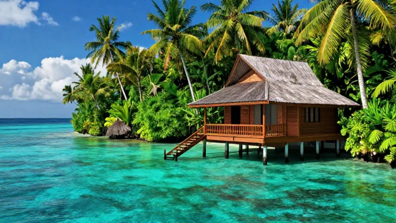 Bungalow tropical, océano vibrante, ilustración realista de viaje
