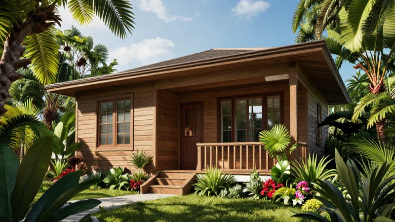 Bungalow vintage detallado con jardín tropical