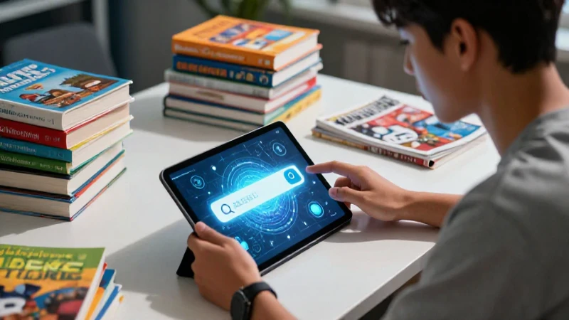 Estudiante enfocado en tablet moderna con libros vibrantes