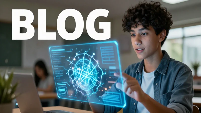 Joven estudiante interactúa con interfaz holográfica educativa