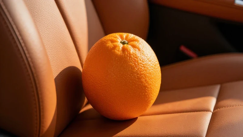 Naranja vibrante en cuero con iluminación cinematográfica