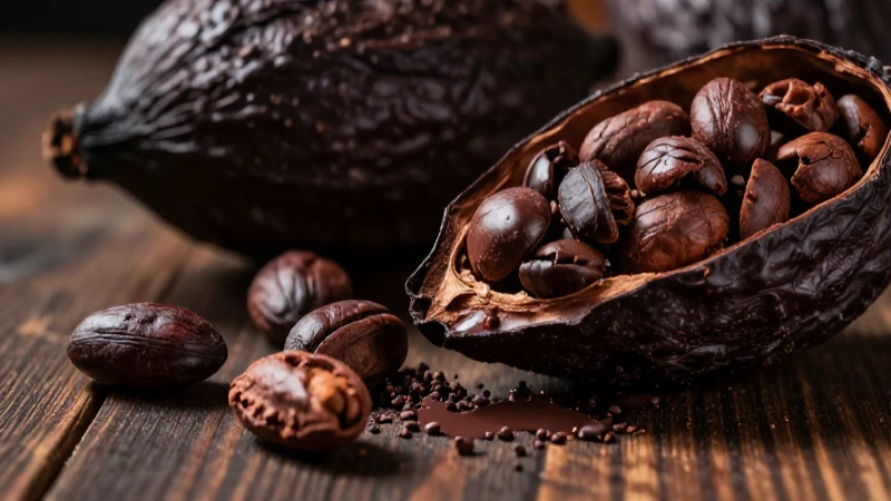 Cacao vibrante sobre madera rústica con iluminación dramática