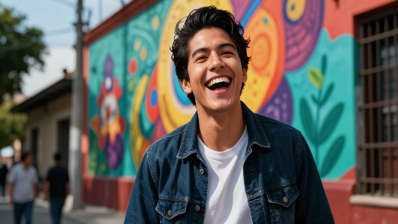 Joven mexicano sonriente en vibrante escena urbana