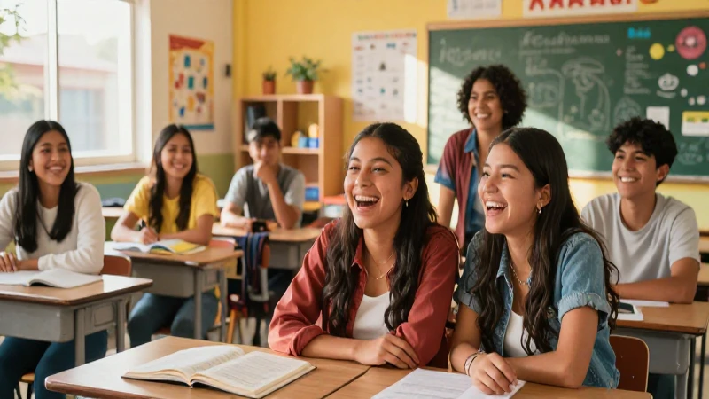 Estudiantes mexicanos alegres en aula vibrante
