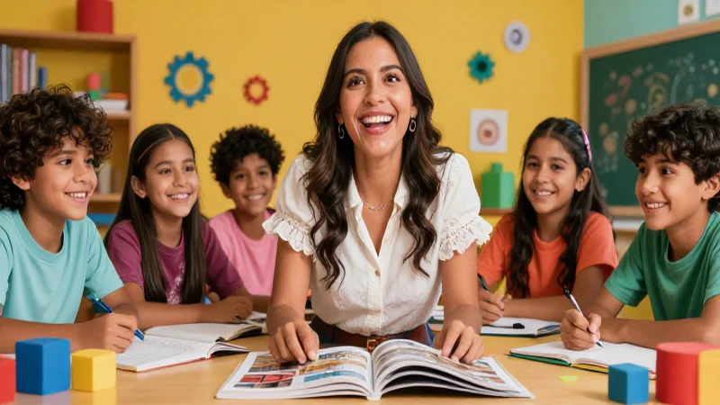 Docente mexicana alegre con estudiantes diversos