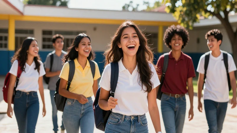 Estudiantes mexicanos alegres en el patio de la escuela