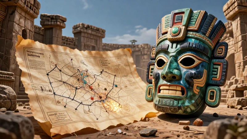 Máscara azteca y mapa en ruinas antiguas