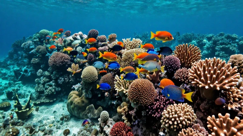Coral vibrante, peces interactúan, ecosistema fascinante