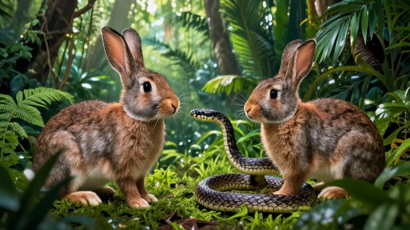 Cadena trófica: concepto, tipos, características y ejemplos 3 Conejo y serpiente en selva vibrante
