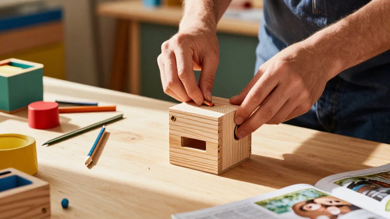 Manos arman caja de madera bajo sol brillante