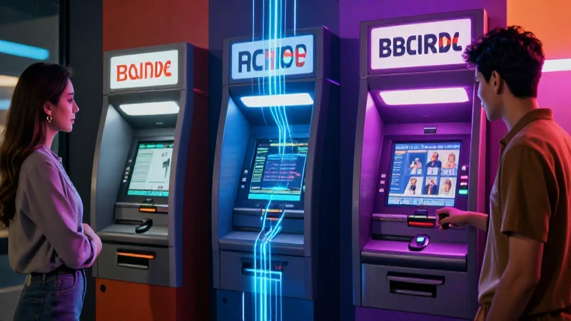 ATM moderno muestra datos financieros digitales dinámicos