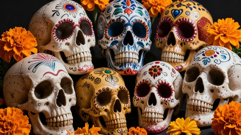 Calavera: Definición, concepto y su importancia cultural 8 Calaveras detalladas con flores en estilo editorial