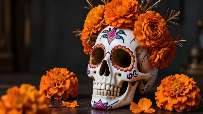Calavera: Definición, concepto y su importancia cultural 5 Calaverita elegante con flores y luces cinematográficas