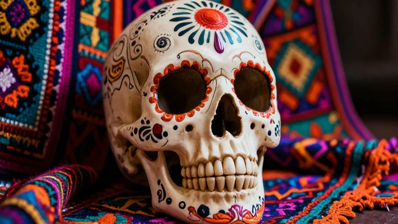 Calavera: Definición, concepto y su importancia cultural 3 Calavera estilizada, arte mesoamericano vibrante y detallado