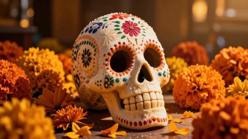 Calaveritas detalladas con cempasúchil festivo
