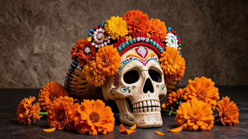 Calaverita mexicana vibrante con flores de cempasúchil