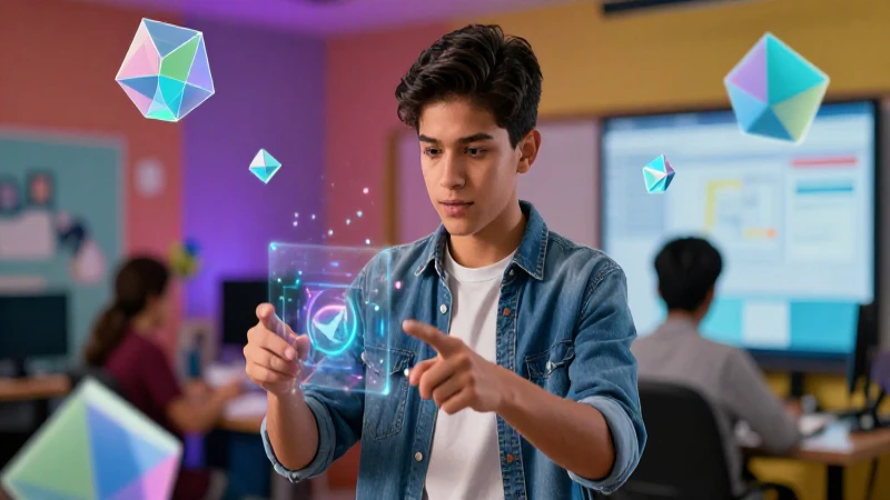 Estudiante mexicano con gráficos 3D flotantes y estudio vibrante