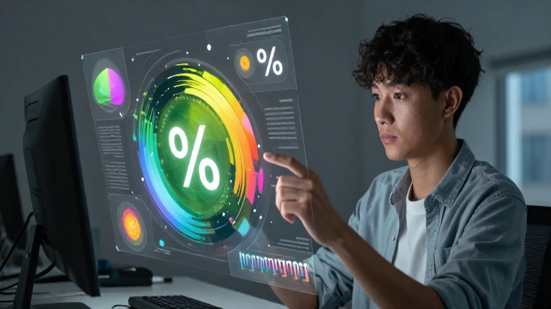 Qué es el porcentaje y cómo se calcula con ejemplos 8 Estudiante interactúa con datos abstractos vibrantes