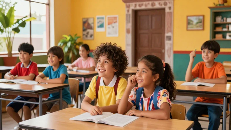 Calendario escolar Puebla: fechas clave y actividades actualizadas 3 Niños felices en aula moderna y colorida