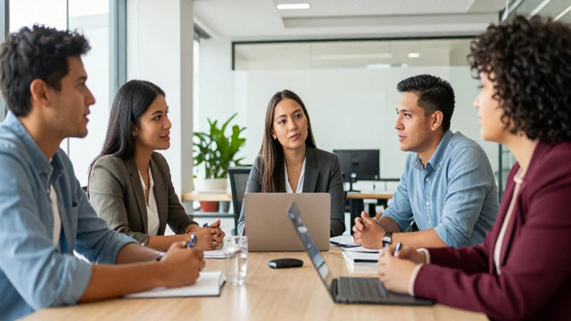 Profesionales mexicanos colaboran en una oficina moderna y brillante